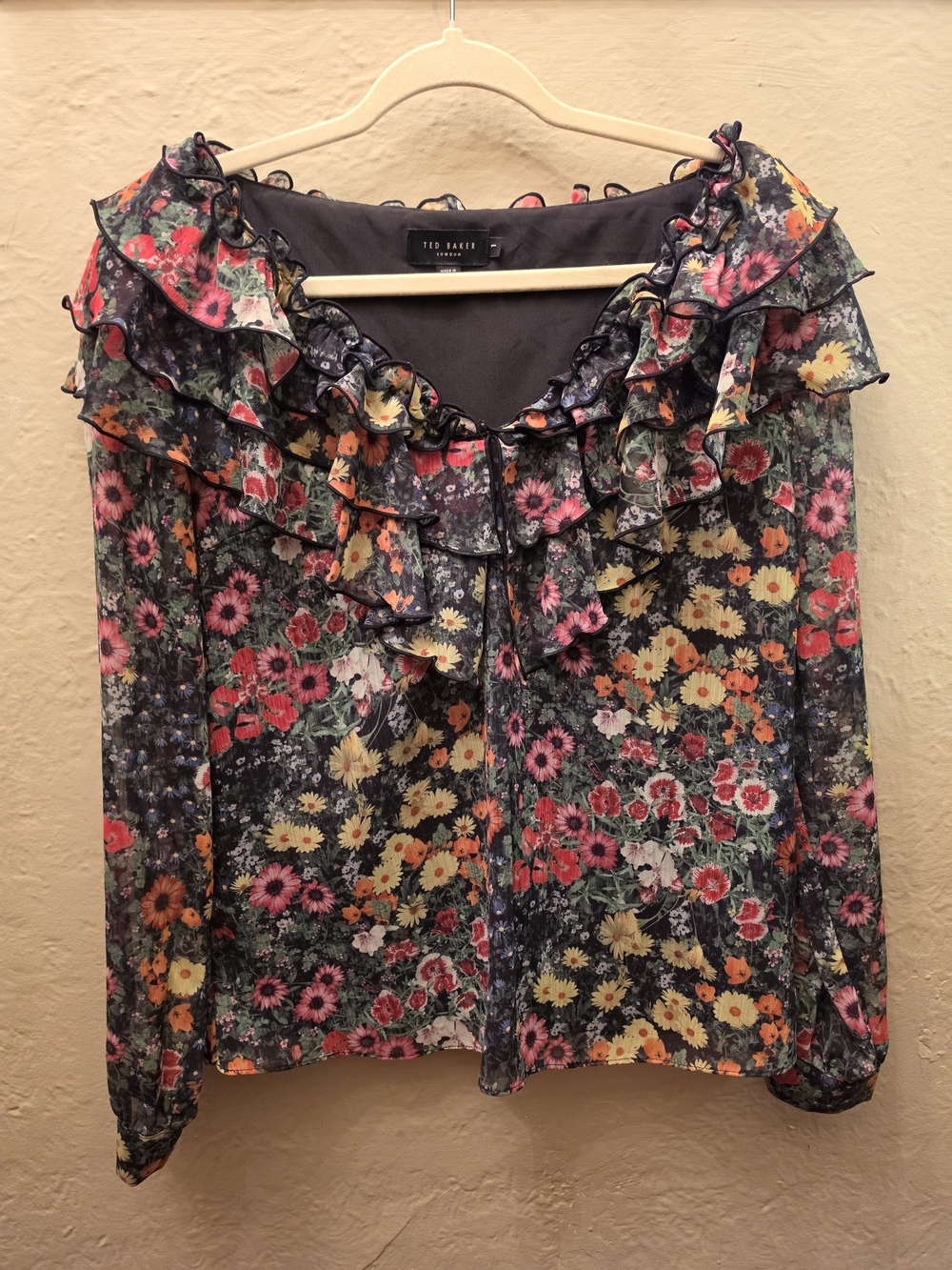 Ted Baker London Multicolor Floral Ruffle Blouse Sheer Long Sleeve Size 1